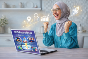 Woman working on laptop showing SEO Future Ideas for Beginners in 2026 with AI, voice search, video content, and growth analytics icons